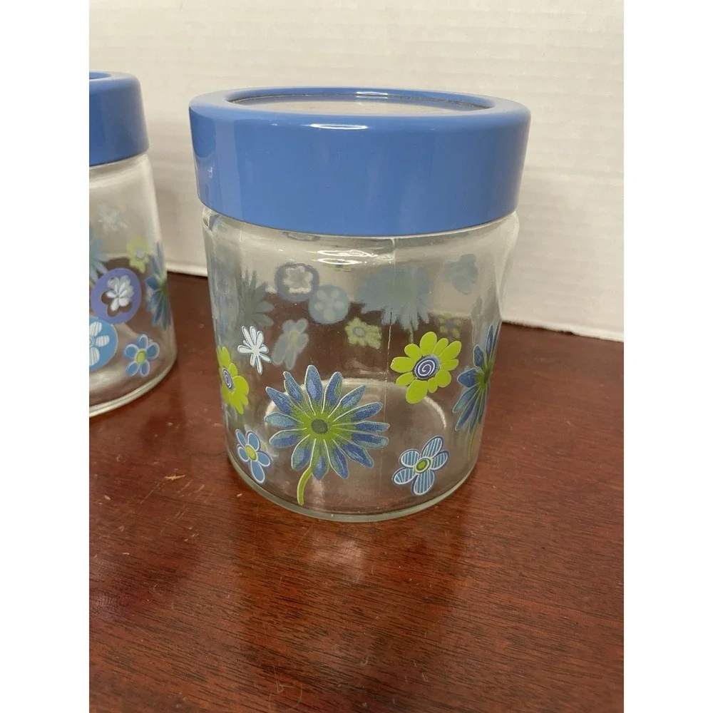 Vintage Glass Canister Jar Blue Lid Blue And Green Floral Retro Decor Set Of 2